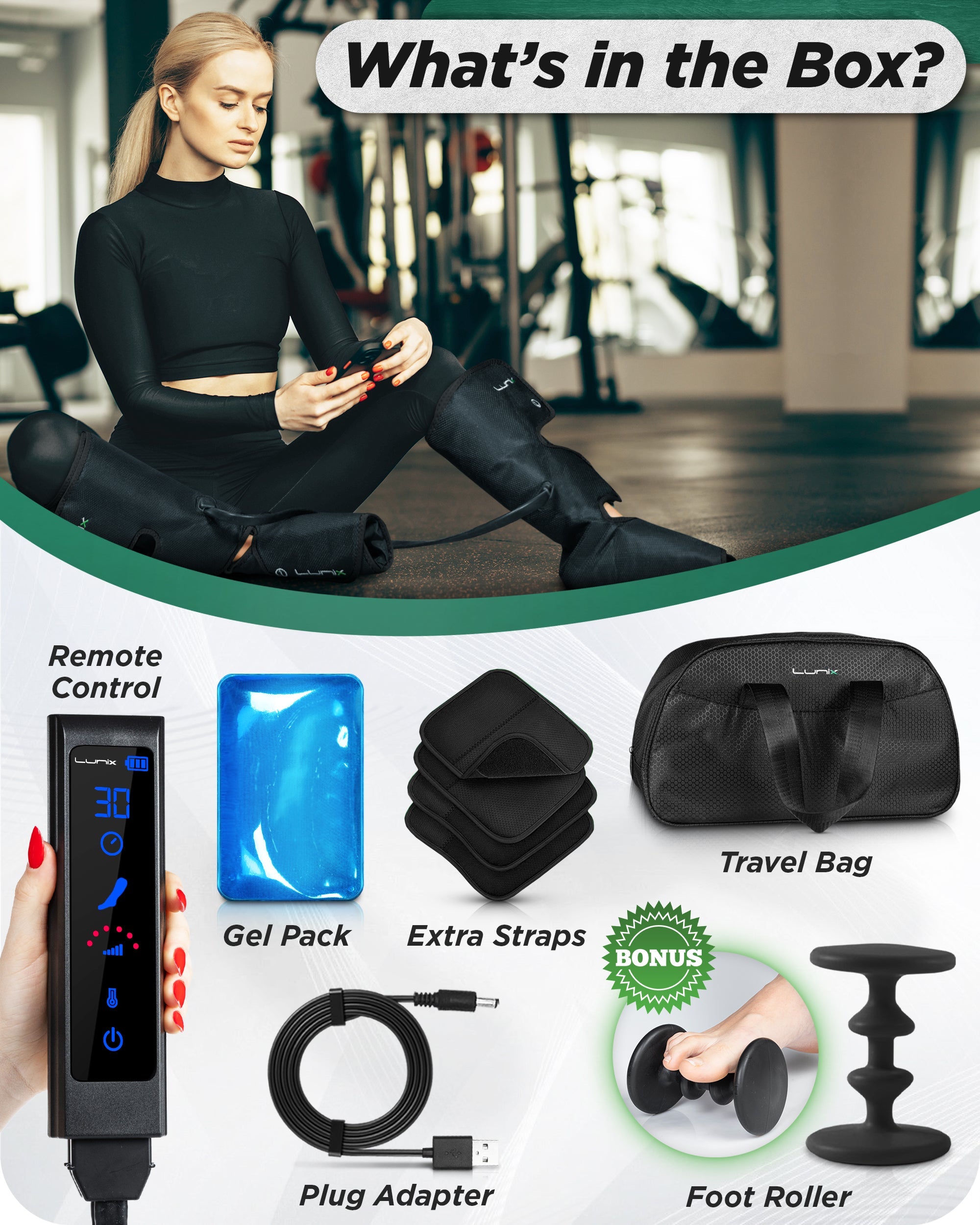 Lunix LX1 foot and calf compression massager in charcoal black with adjustable straps and control panel for therapeutic relief.