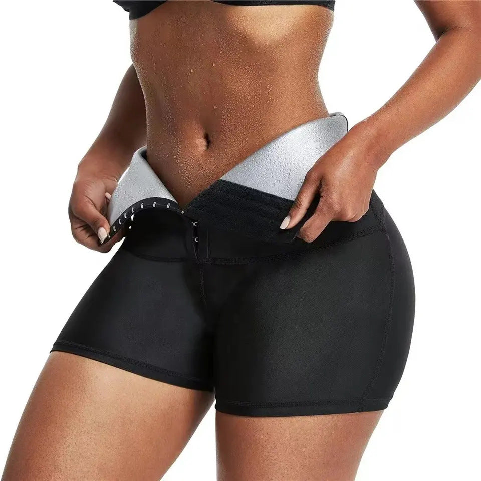 Sweaty three-breasted high-waist sauna shorts from My Store, featuring belly-tie, fitness shaping, and hip-lifting design.