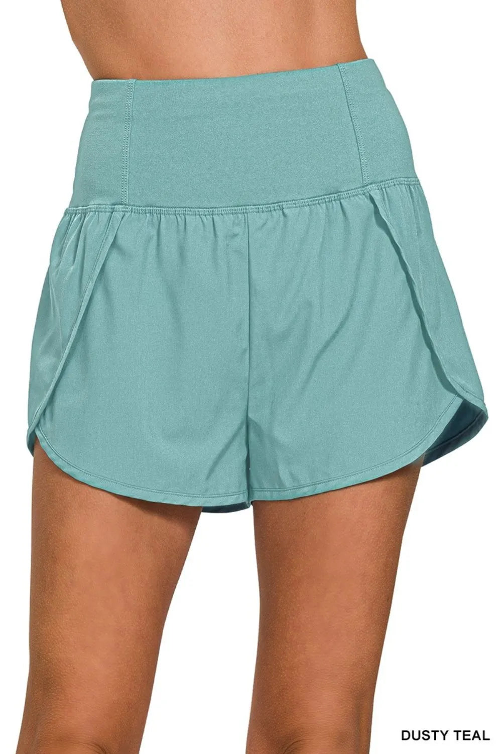 Berry Charmz Zenana high-waisted running shorts with zippered back pocket and side pockets for activewear, black athletic shorts.