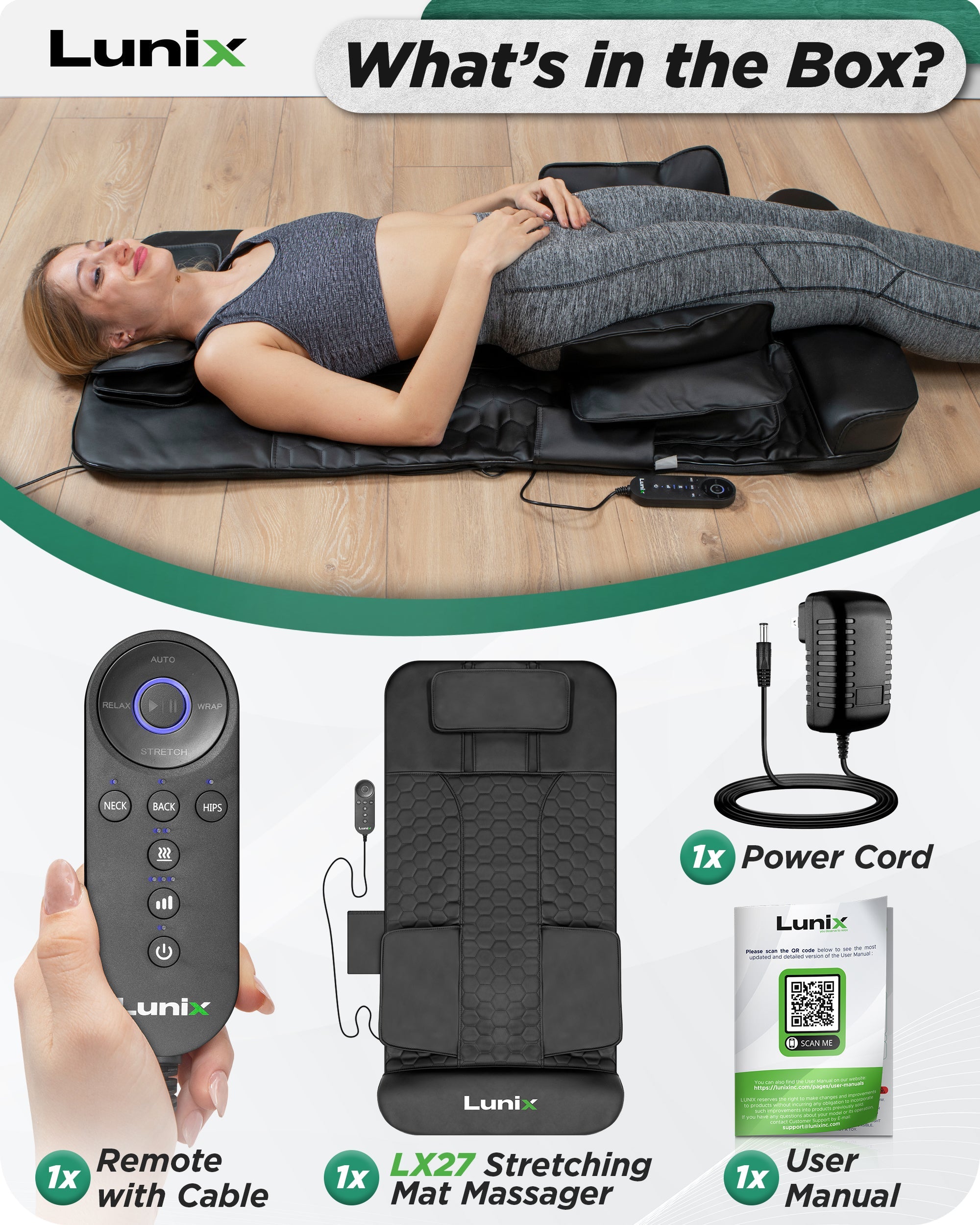 Lunix LX27 Stretching Mat Massager in charcoal black, soft and supportive for stretching and muscle relaxation.