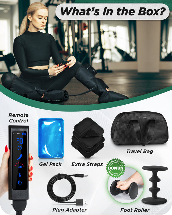 Lunix LX1 foot and calf compression massager in charcoal black with adjustable straps and control panel for therapeutic relief.