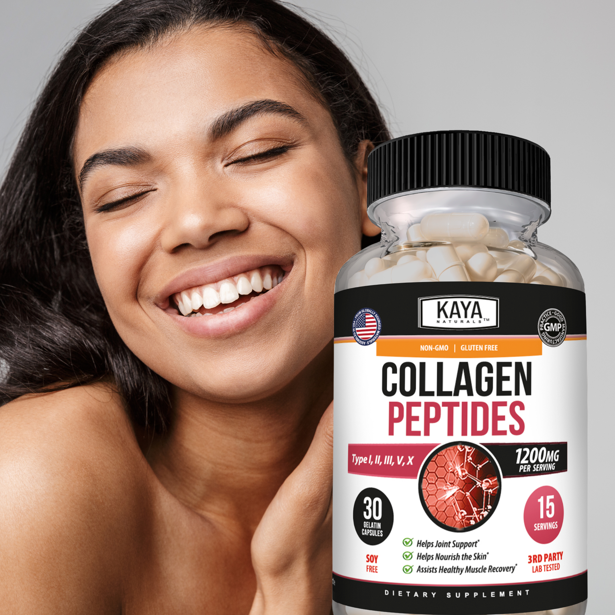 Kaya Naturals collagen peptides powder in a clear jar with a scoop, showing the white supplement inside.
