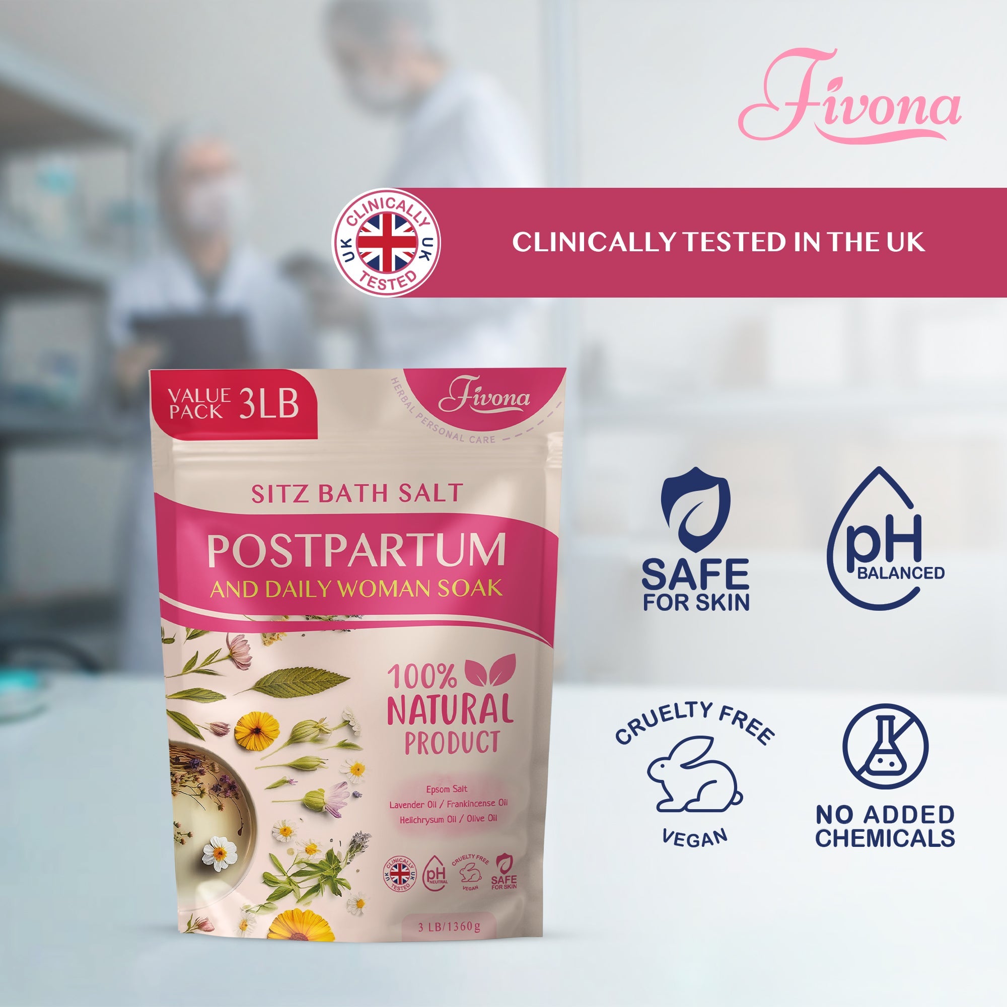 Fivona Postpartum Sitz Bath Soak Blend in 48oz jar, natural herbal blend for postpartum care and soothing bath experience.