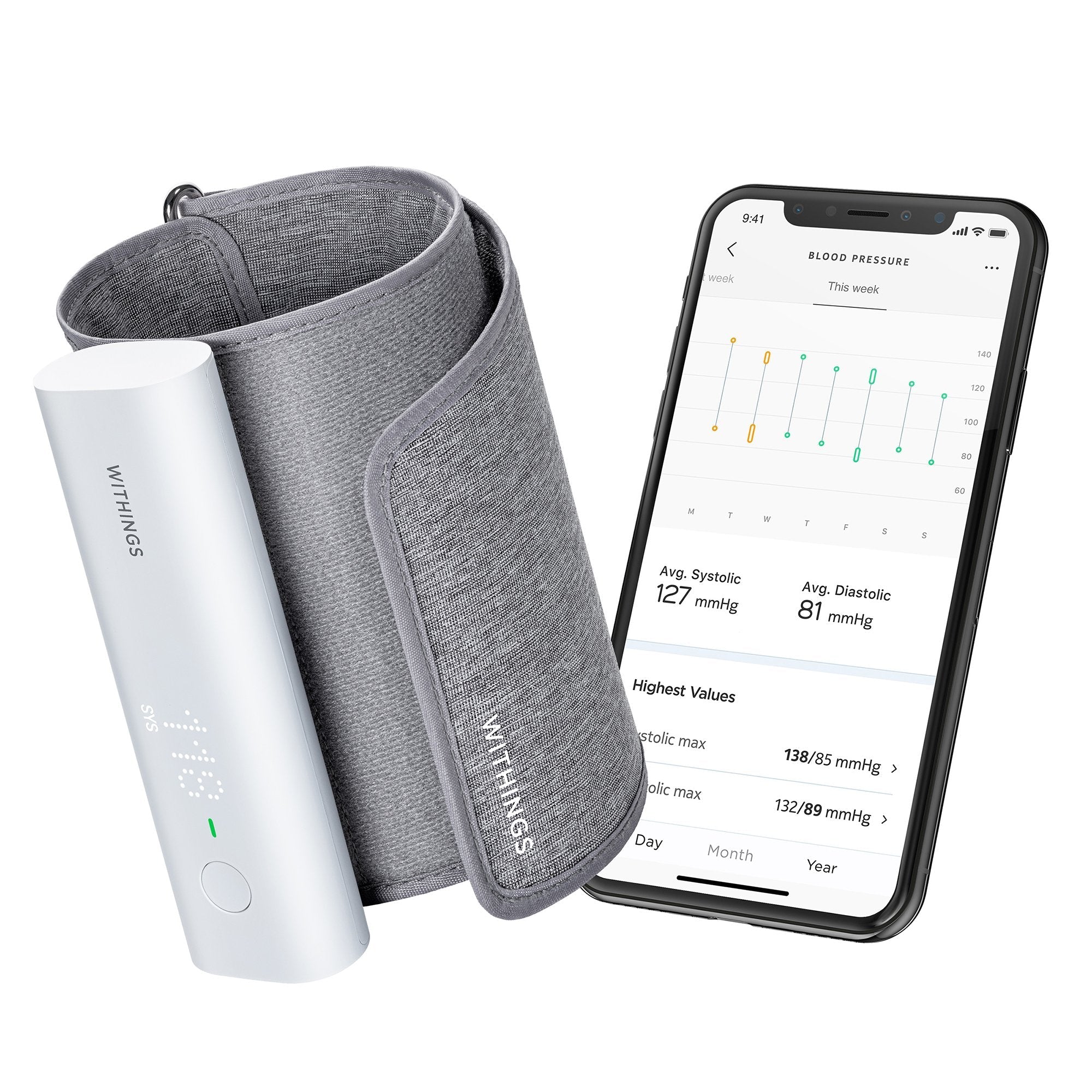 Medisitis Withings wireless upper arm blood pressure monitor showing digital display and cuff for accurate readings
