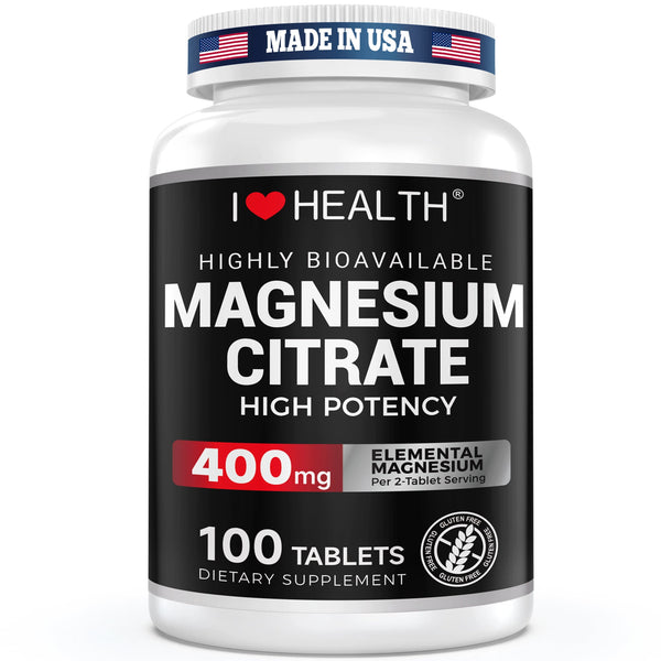 I Love Health Magnesium Citrate supplement bottle with 100 vegetarian tablets, supports heart health and contains 400mg magnesium.