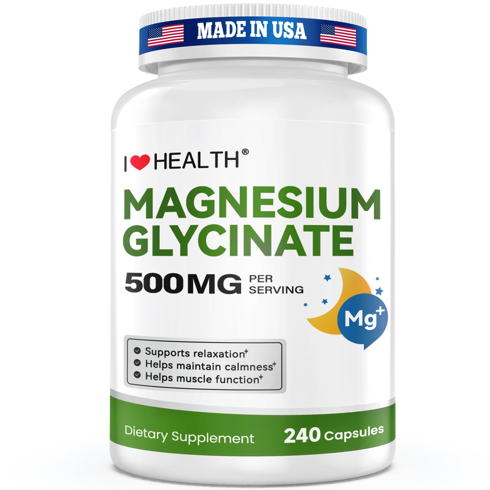 I Love Health Store Magnesium Glycinate capsules, high absorption magnesium supplement, 240 count, gentle on stomach, made in USA