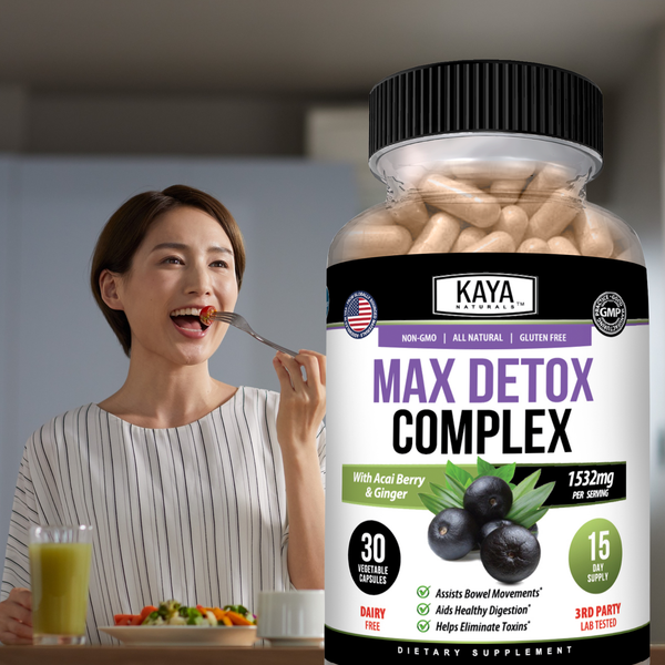 Bottle of Kaya Naturals Max Detox Complete supplement with label and natural ingredients shown in the image.