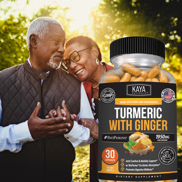 Kaya Naturals turmeric with ginger supplement for joint and digestive support, showing capsules with turmeric and ginger ingredients.