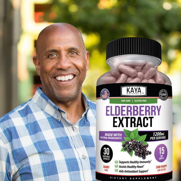 Bottle of Kaya Naturals elderberry extract supplement with a label showing elderberries and natural health benefits.