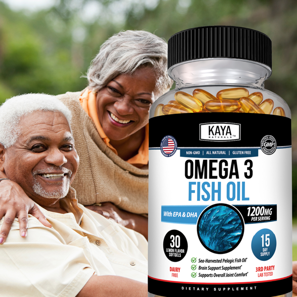 Kaya Naturals Omega-3 Fish Oil capsules in a clear bottle showing golden capsules on a white background
