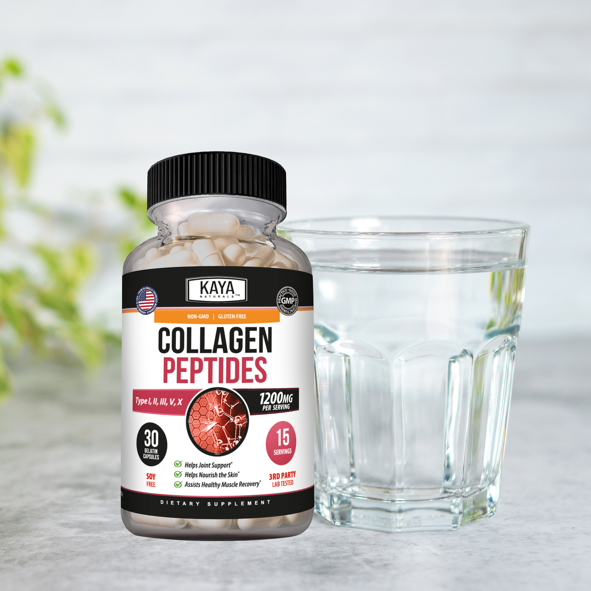 Kaya Naturals Collagen Peptides in a clear jar with scoop, showing white powder for skin and joint health supplementation.