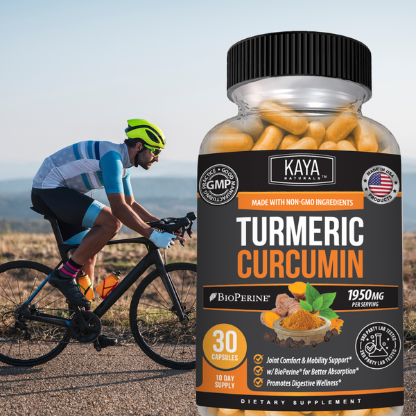 Kaya Naturals turmeric supplement with BioPerine® capsules for joint and inflammation support, showing the supplement bottle and capsules.