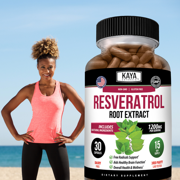 Kaya Naturals Resveratrol supplement bottle with label and cap, placed on a white background.