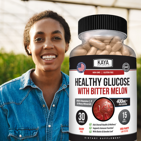 Kaya Naturals Healthy Glucose Support supplement bottle with label, featuring natural ingredients and health-focused packaging.