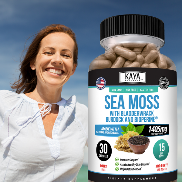 Sea moss supplement with bladderwrack, burdock, and BioPerine® from Kaya Naturals, featuring sea moss, herbs, and black pepper extract.