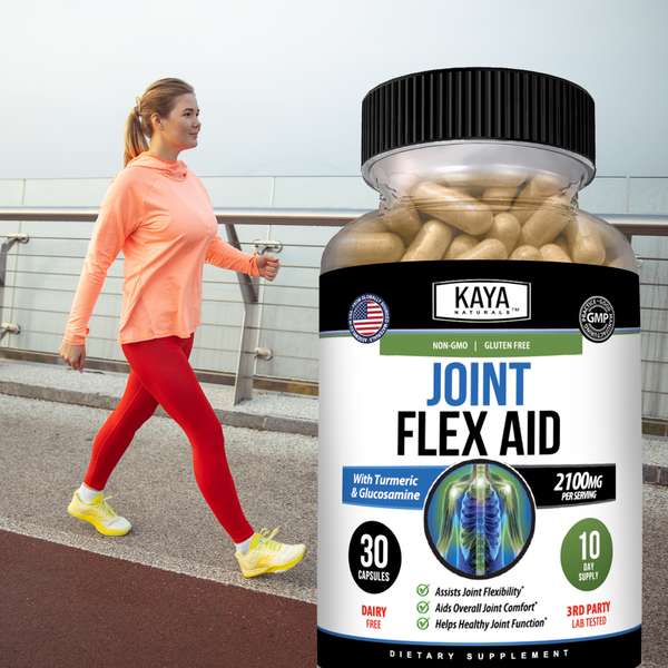 Kaya Naturals Joint Flex Aid supplement bottle with label showing herbal ingredients and dosage information.