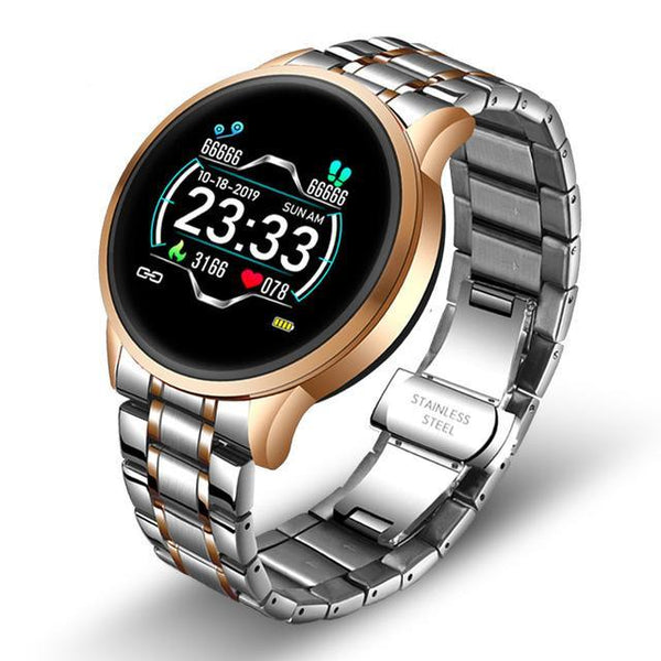 Stevvex ceramic smart fitness watch for women with steel band, heart rate and blood pressure monitor, compatible with Android and iOS.