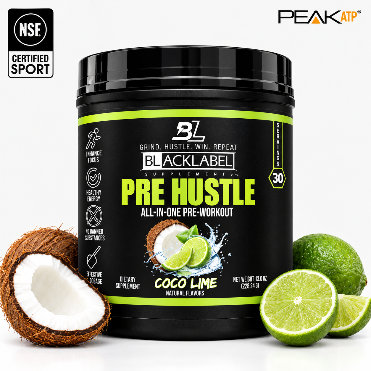 BlackLabel Supplements PRE HUSTLE V3 pre-workout powder in a sleek container with vibrant label design