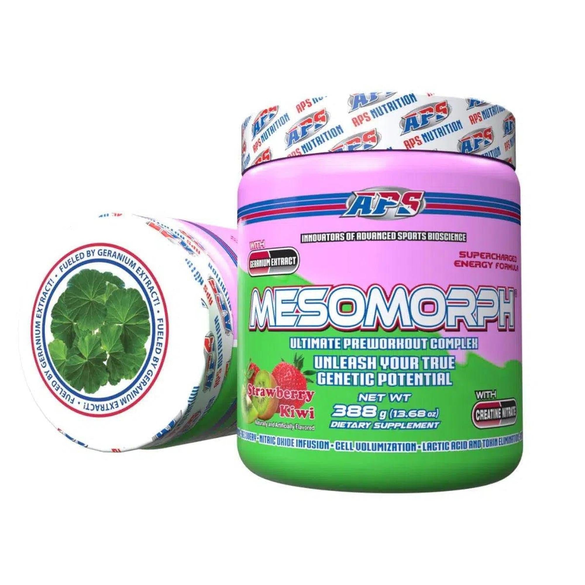 APS Mesomorph pre-workout supplement by Ultimate Sport Nutrition in a container with label, ready for athletic use.