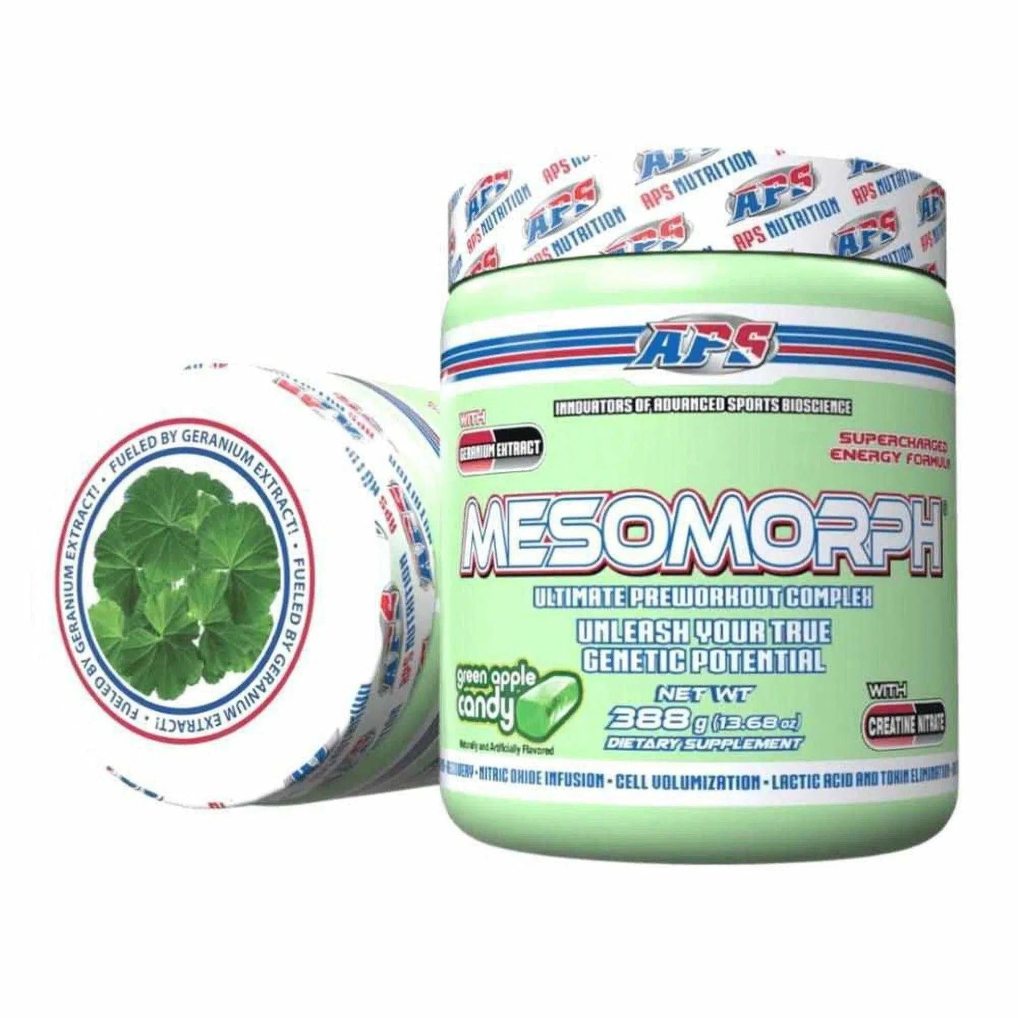 APS Mesomorph pre-workout supplement by Ultimate Sport Nutrition in a container with label and scoop, ready for use.