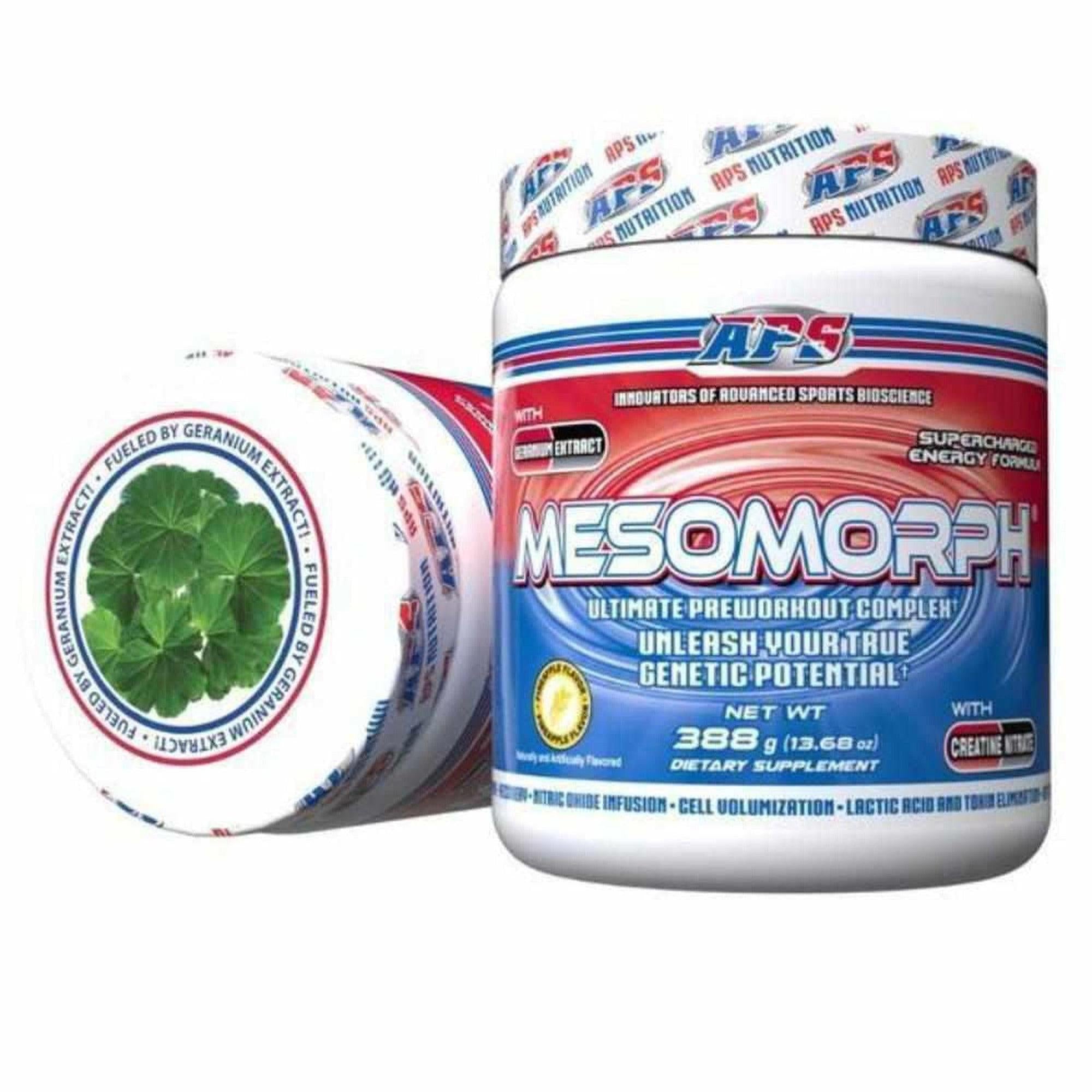 APS Mesomorph pre-workout supplement by Ultimate Sport Nutrition, showing the colorful container and label design.