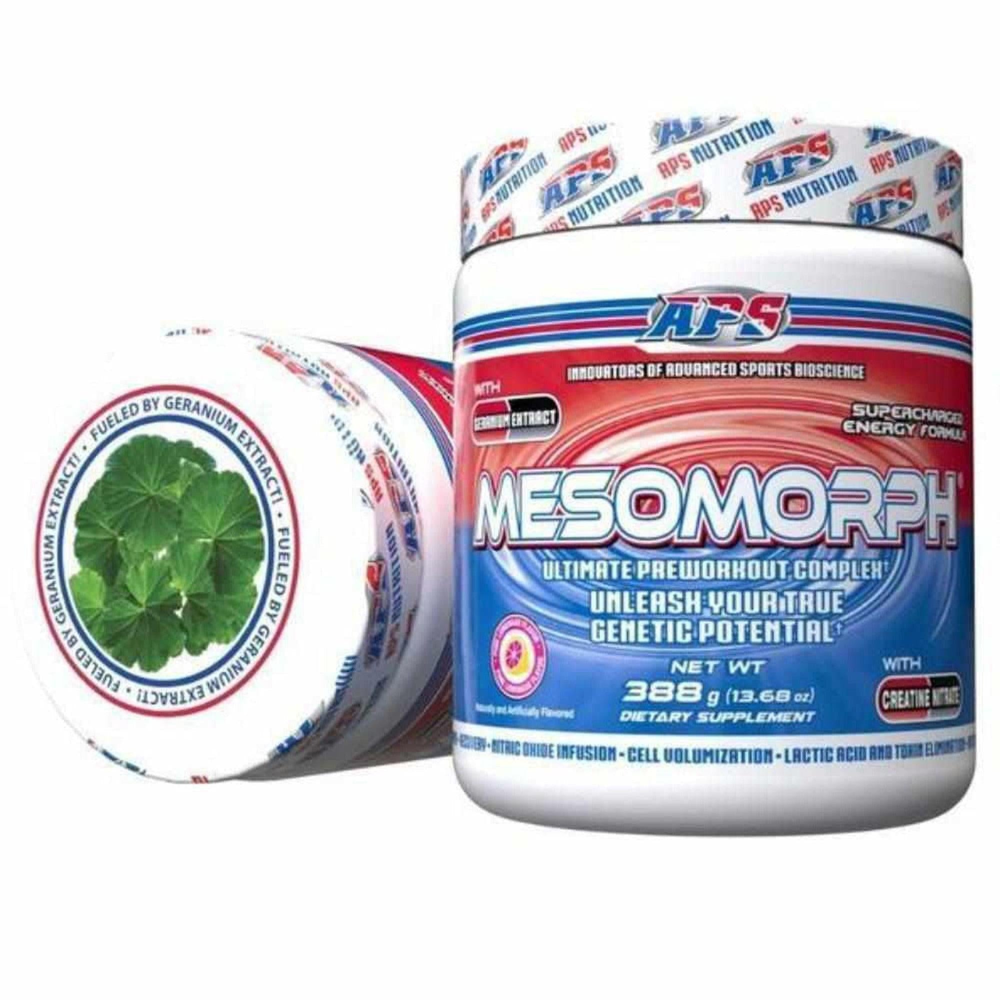 APS Mesomorph pre-workout supplement by Ultimate Sport Nutrition, showing the colorful container and label.
