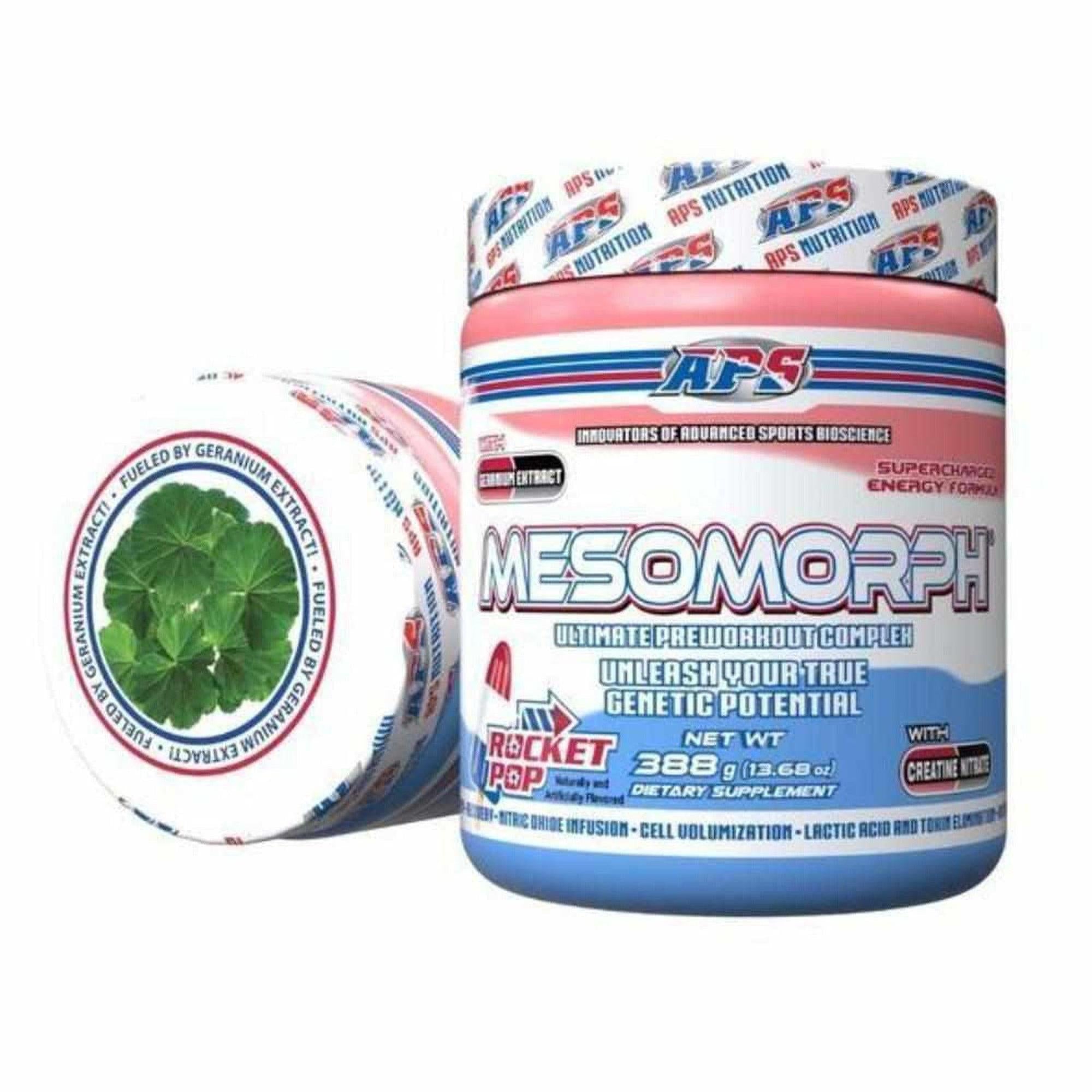APS Mesomorph pre-workout supplement from Ultimate Sport Nutrition, showing the colorful container and label.