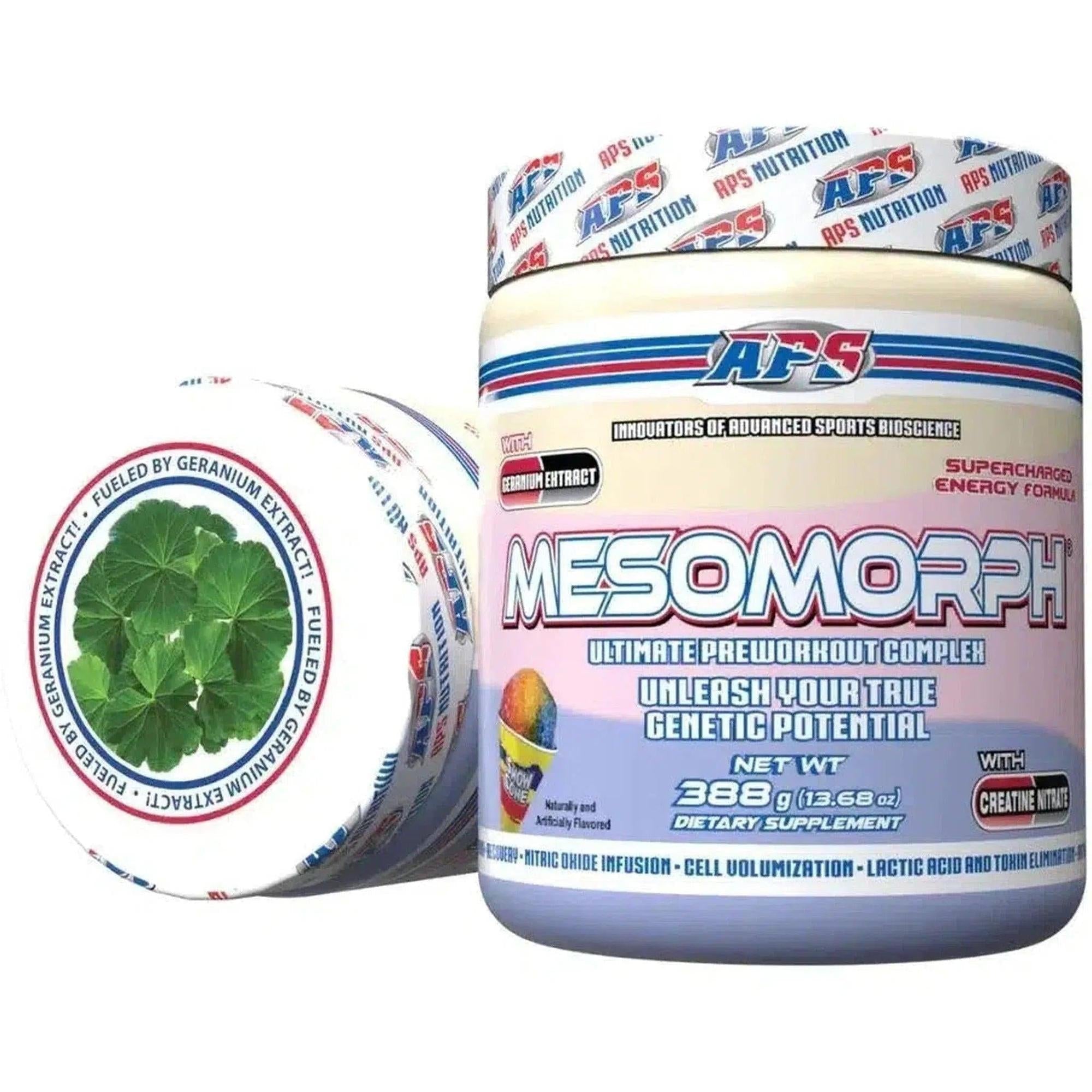 APS Mesomorph pre-workout supplement from Ultimate Sport Nutrition, featuring a container of the pre-workout powder with label details.