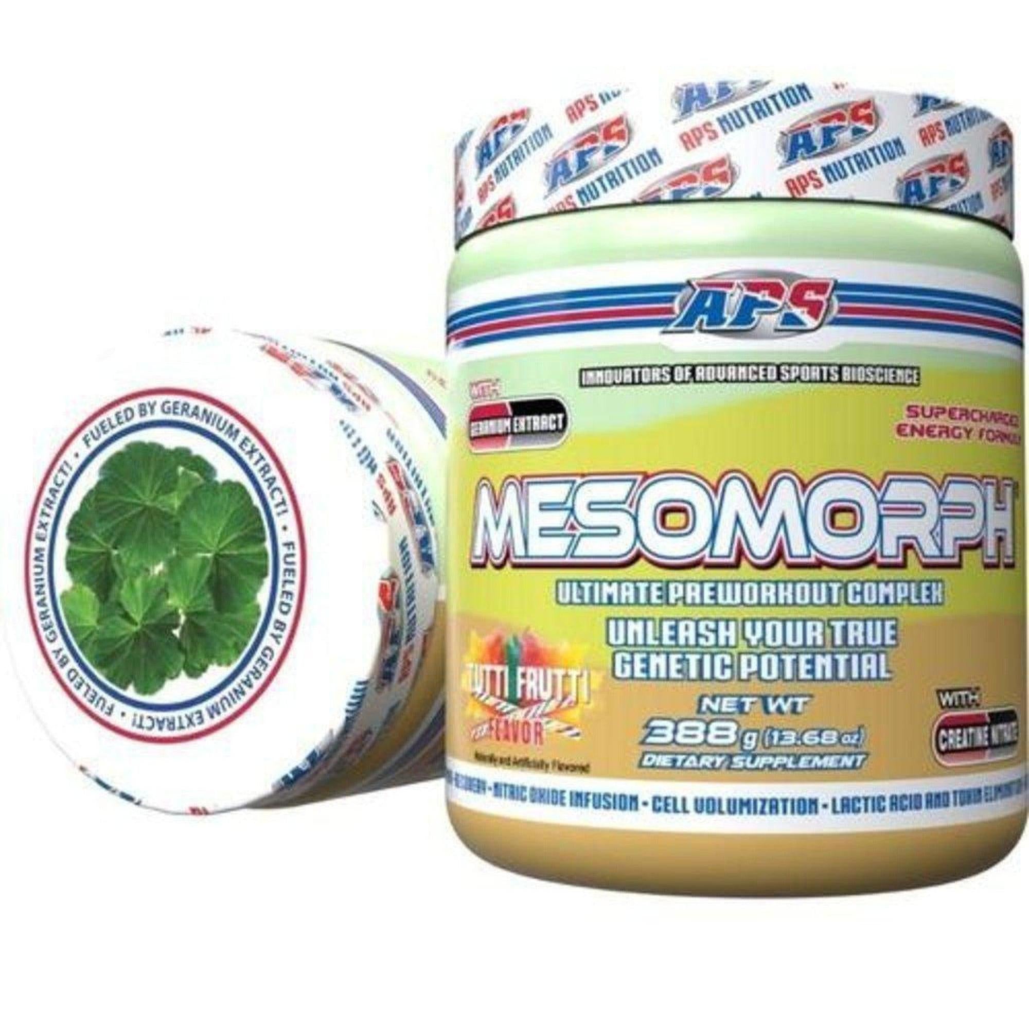 APS Mesomorph Pre-Workout by Ultimate Sport Nutrition in a container with the label visible, showing the supplement powder inside.