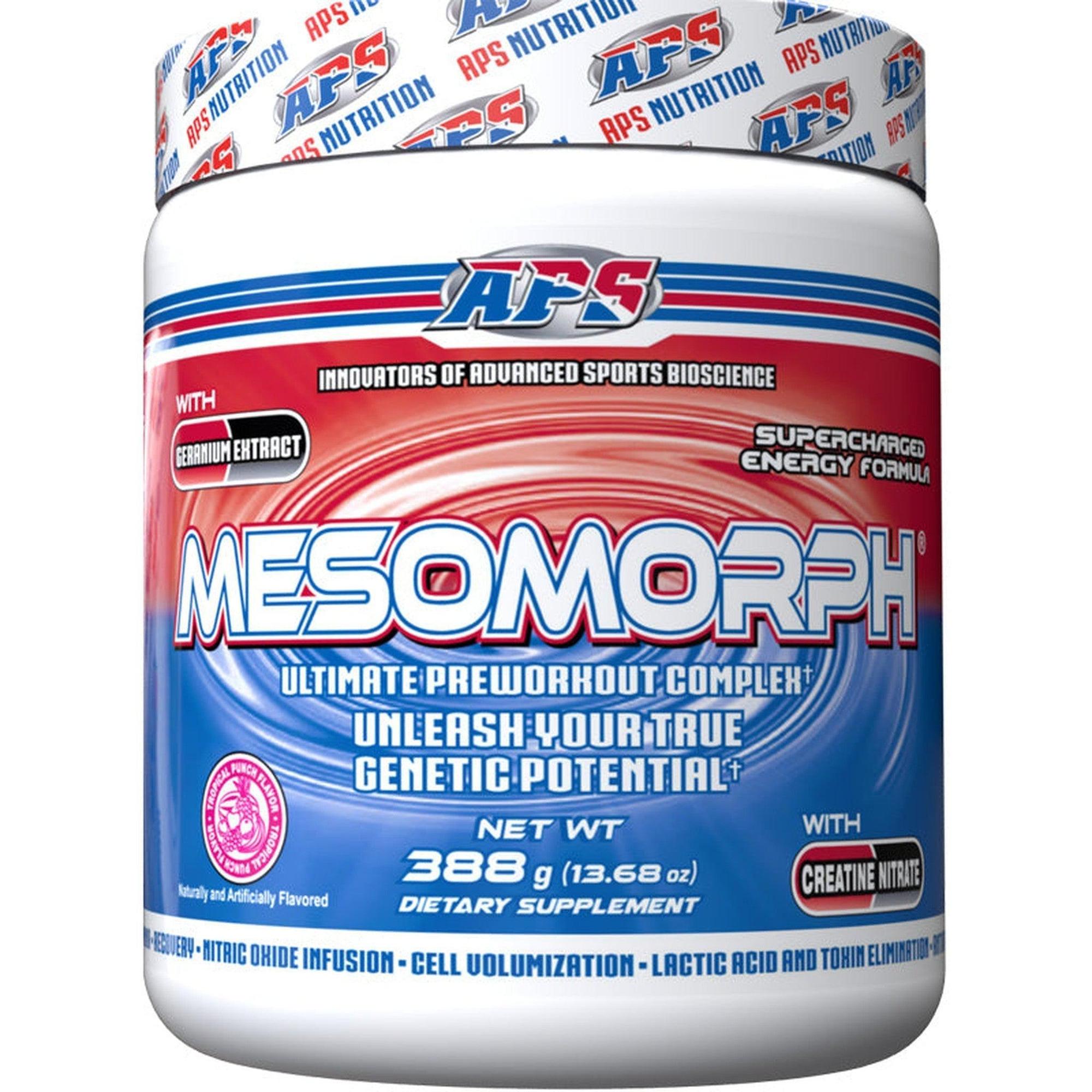 APS Mesomorph pre-workout supplement by Ultimate Sport Nutrition, showing the colorful container and label.