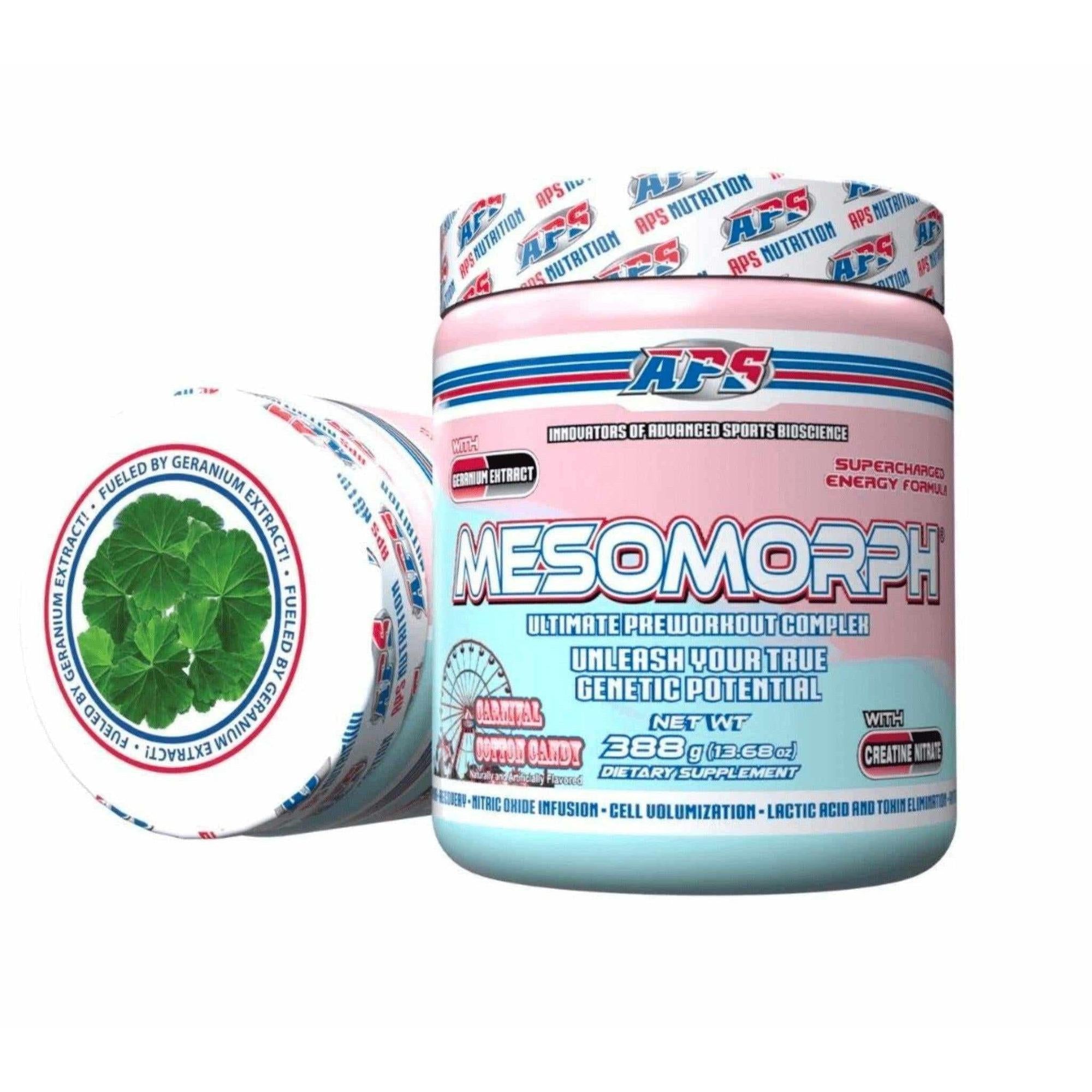 APS Mesomorph pre-workout supplement from Ultimate Sport Nutrition, showing the colorful container and label.