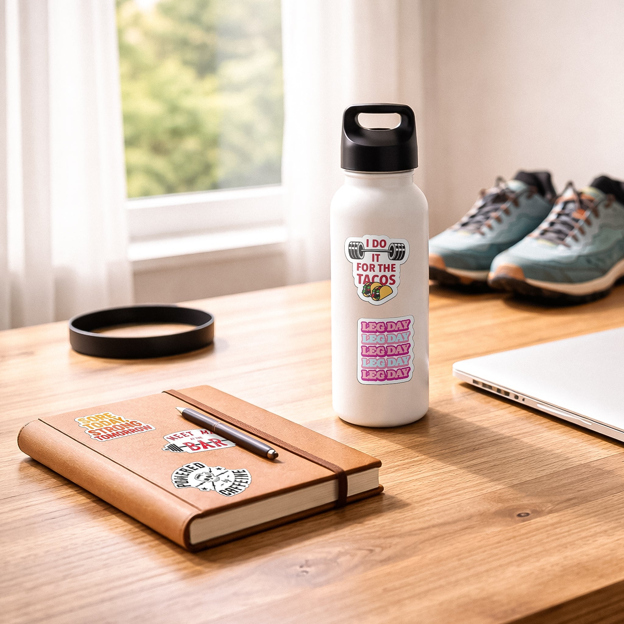 Set of 45 waterproof BLAUBECK gym stickers featuring motivational workout designs for water bottles, laptops, and fitness planners.