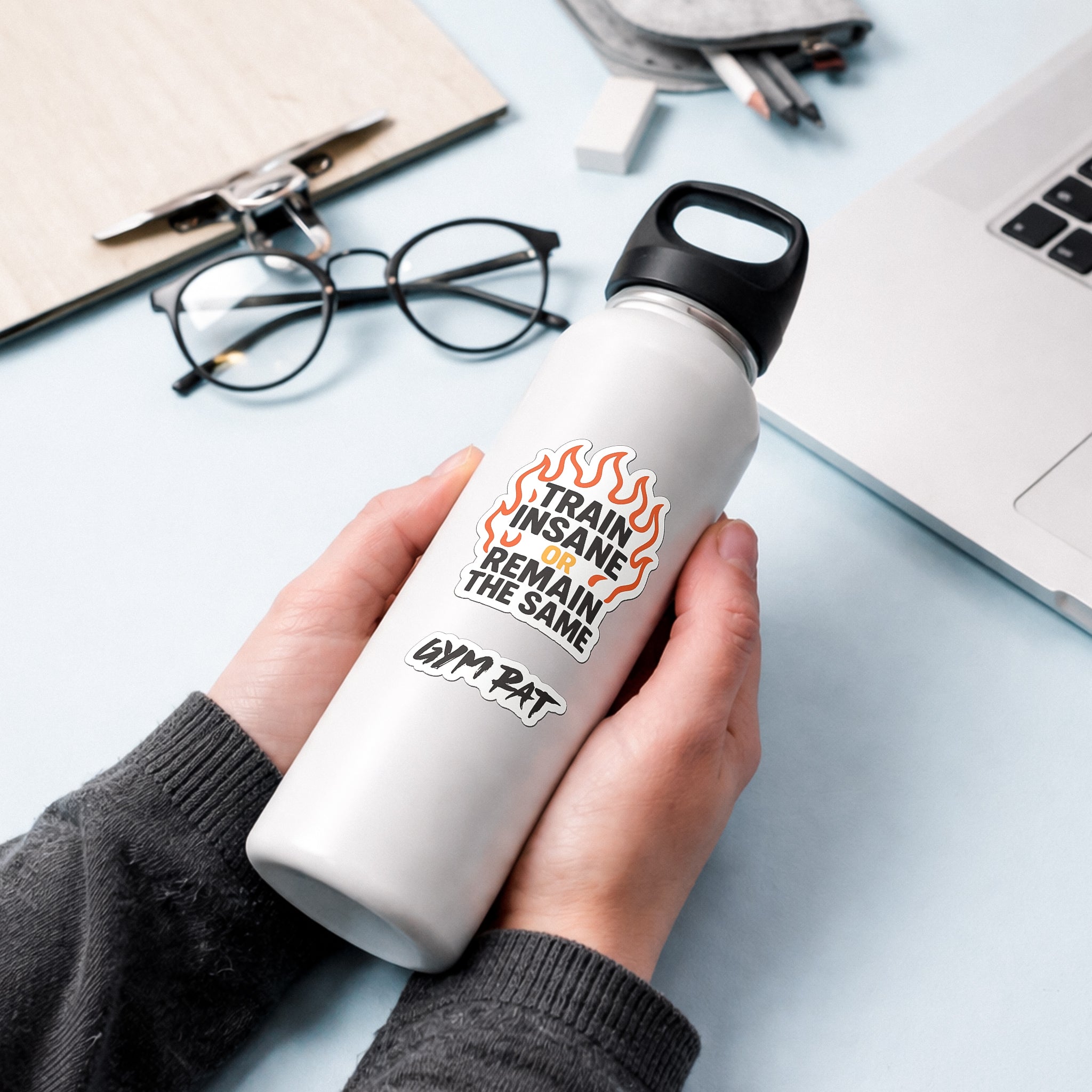 Set of 45 waterproof BLAUBECK gym stickers featuring workout, fitness, and motivational designs on glossy vinyl for water bottles and laptops.