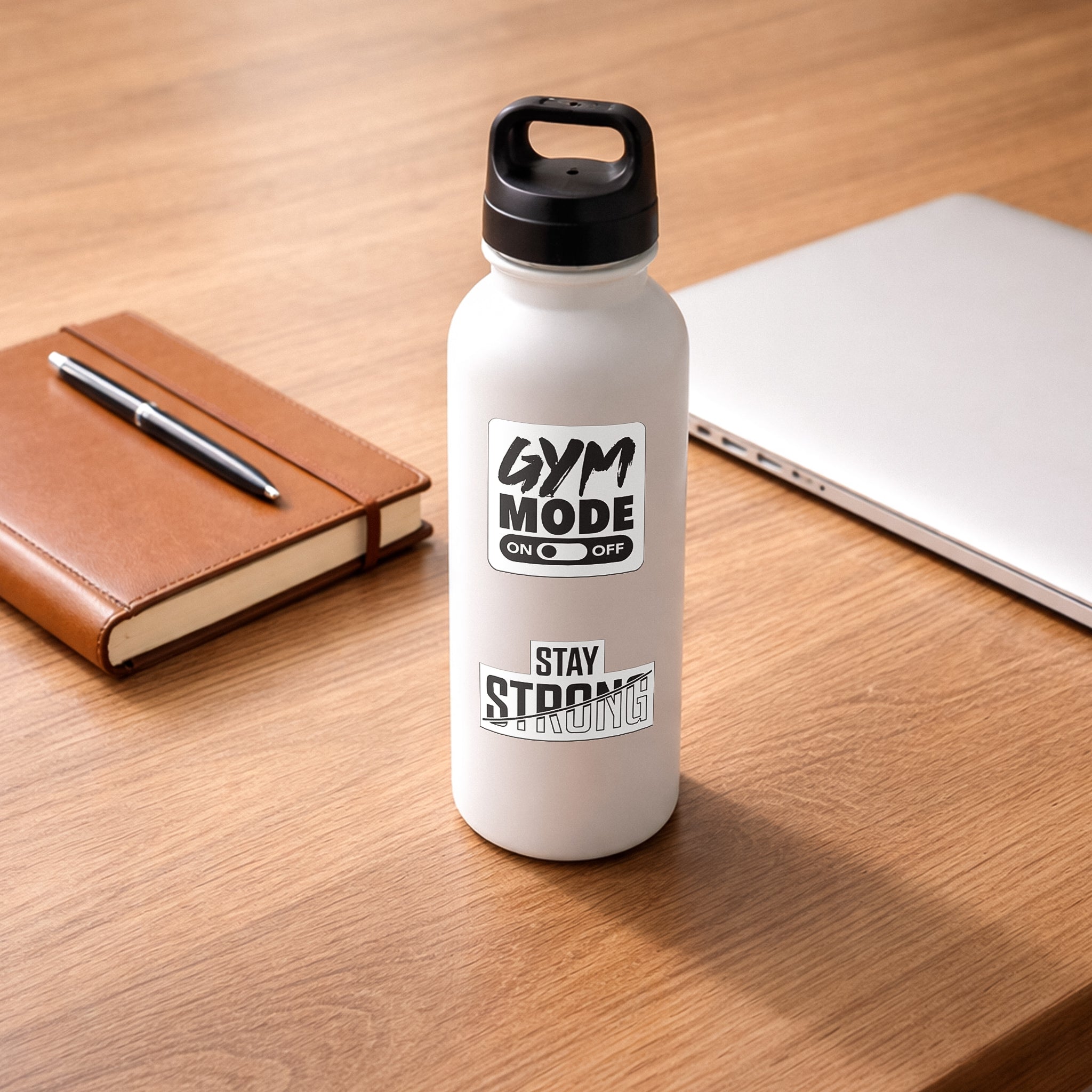 Set of 45 waterproof glossy vinyl gym stickers by BLAUBECK featuring workout, fitness, and exercise motivation designs for water bottles and laptops.