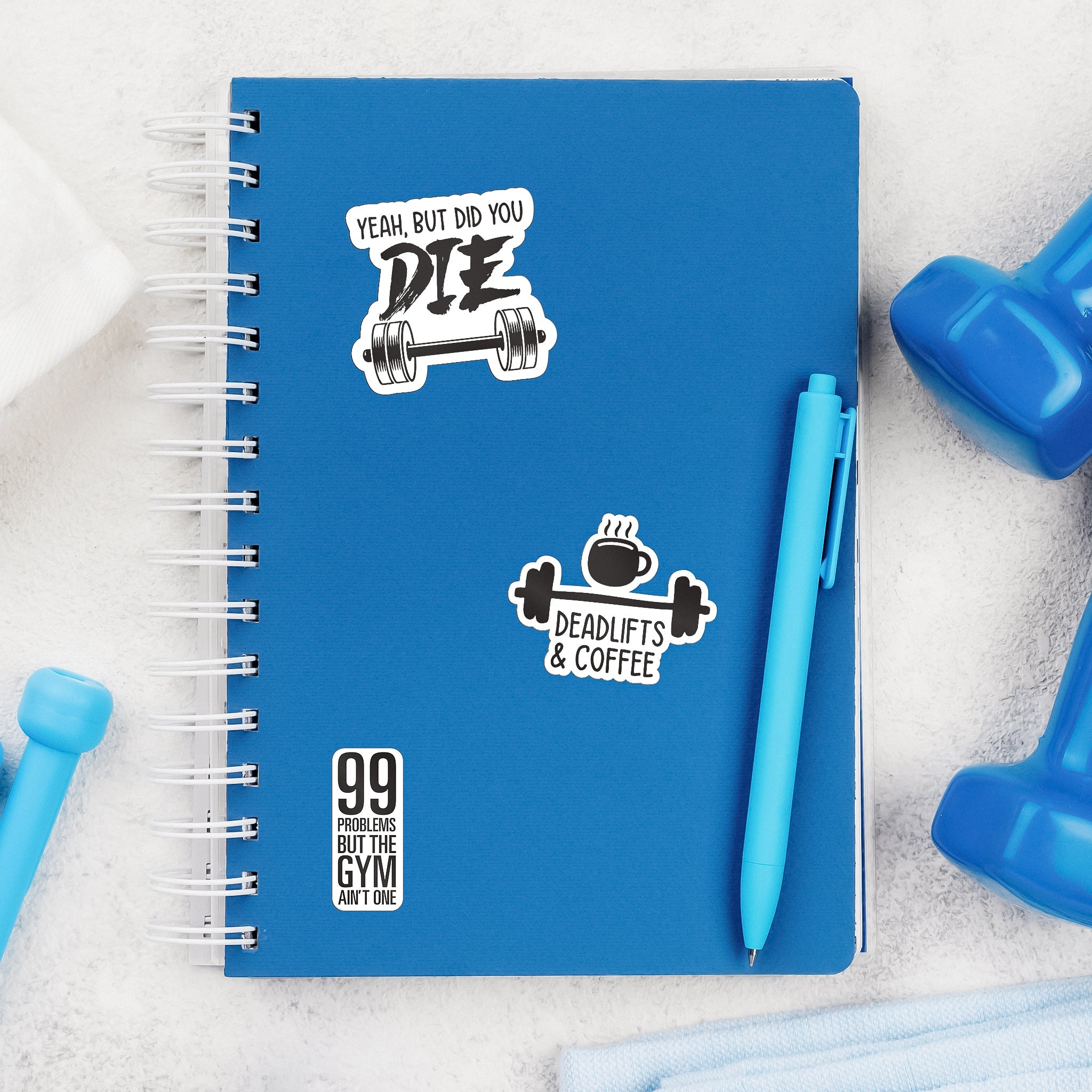 Set of BLAUBECK gym stickers featuring waterproof, glossy vinyl workout and fitness motivational stickers for water bottles, laptops, and decor.