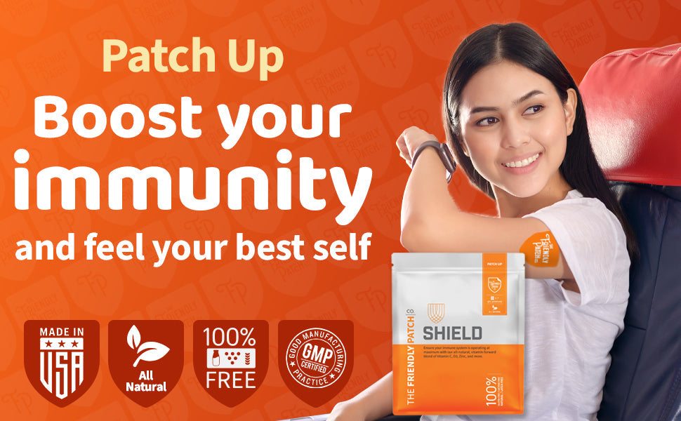 Set of 8 Shield Wellness immune support patches by Friendly Patch Co, wearable skin travel supplements for enhanced immunity.