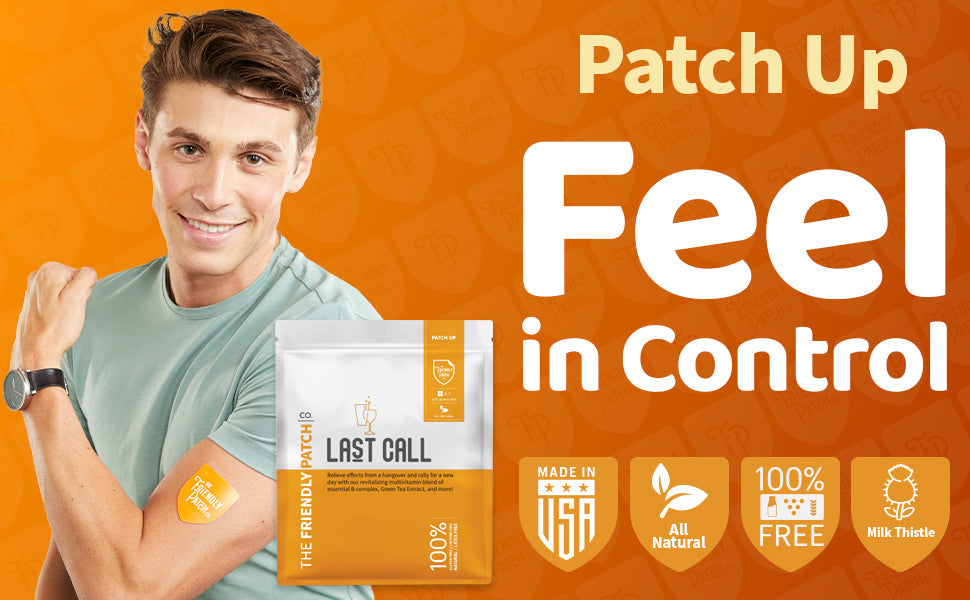 Eight Last Call Patches from Friendly Patch Co, wearable skin supplements with DHM and Milk Thistle for hangover recovery.