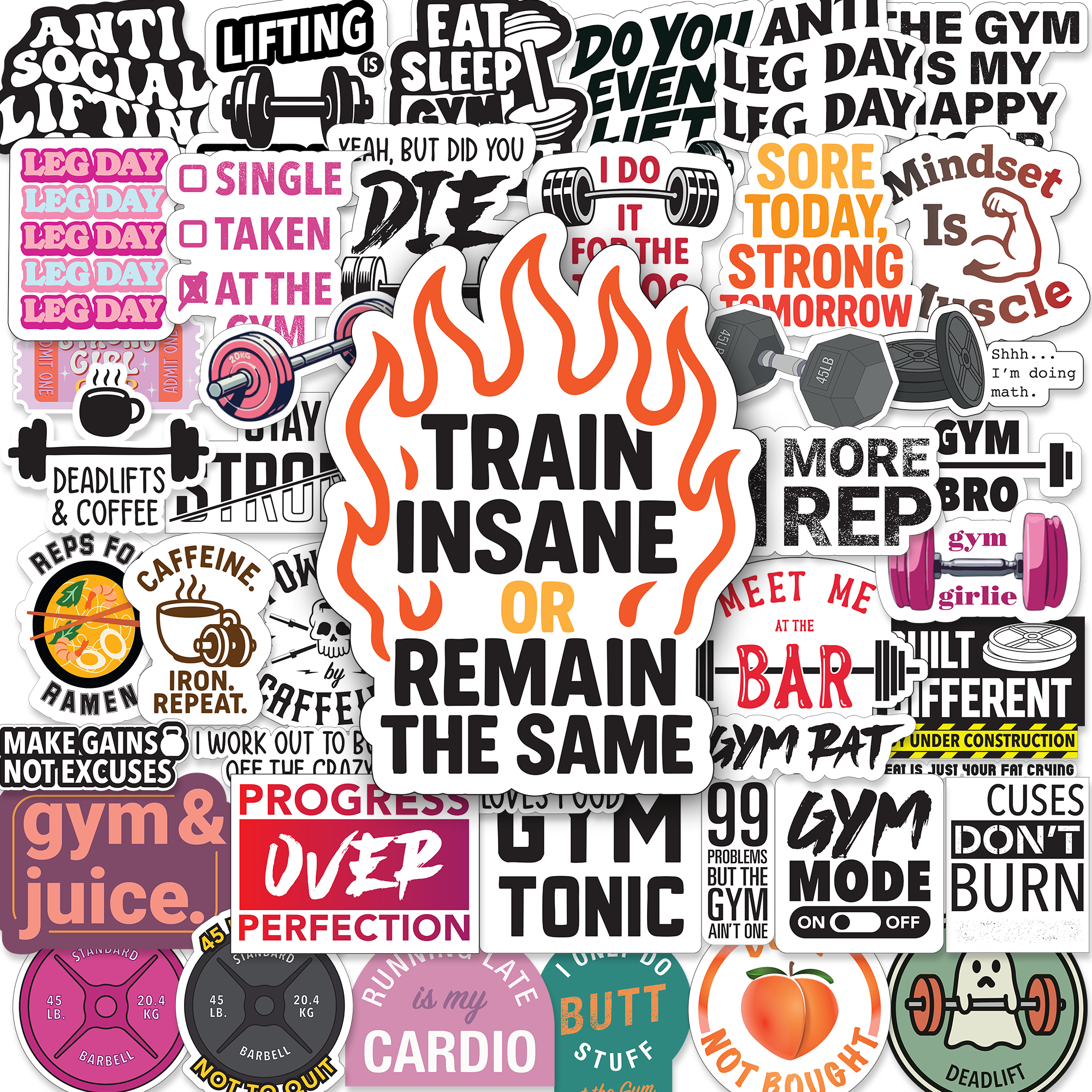Set of 45 waterproof glossy vinyl gym stickers by BLAUBECK featuring workout, fitness, and motivational designs for water bottles, laptops, and decor.