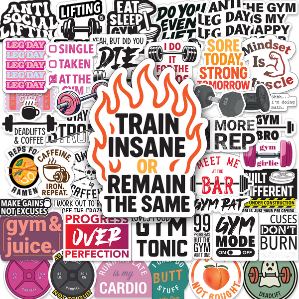 Set of 45 waterproof glossy vinyl gym stickers by BLAUBECK featuring workout, fitness, and motivational designs for water bottles, laptops, and decor.