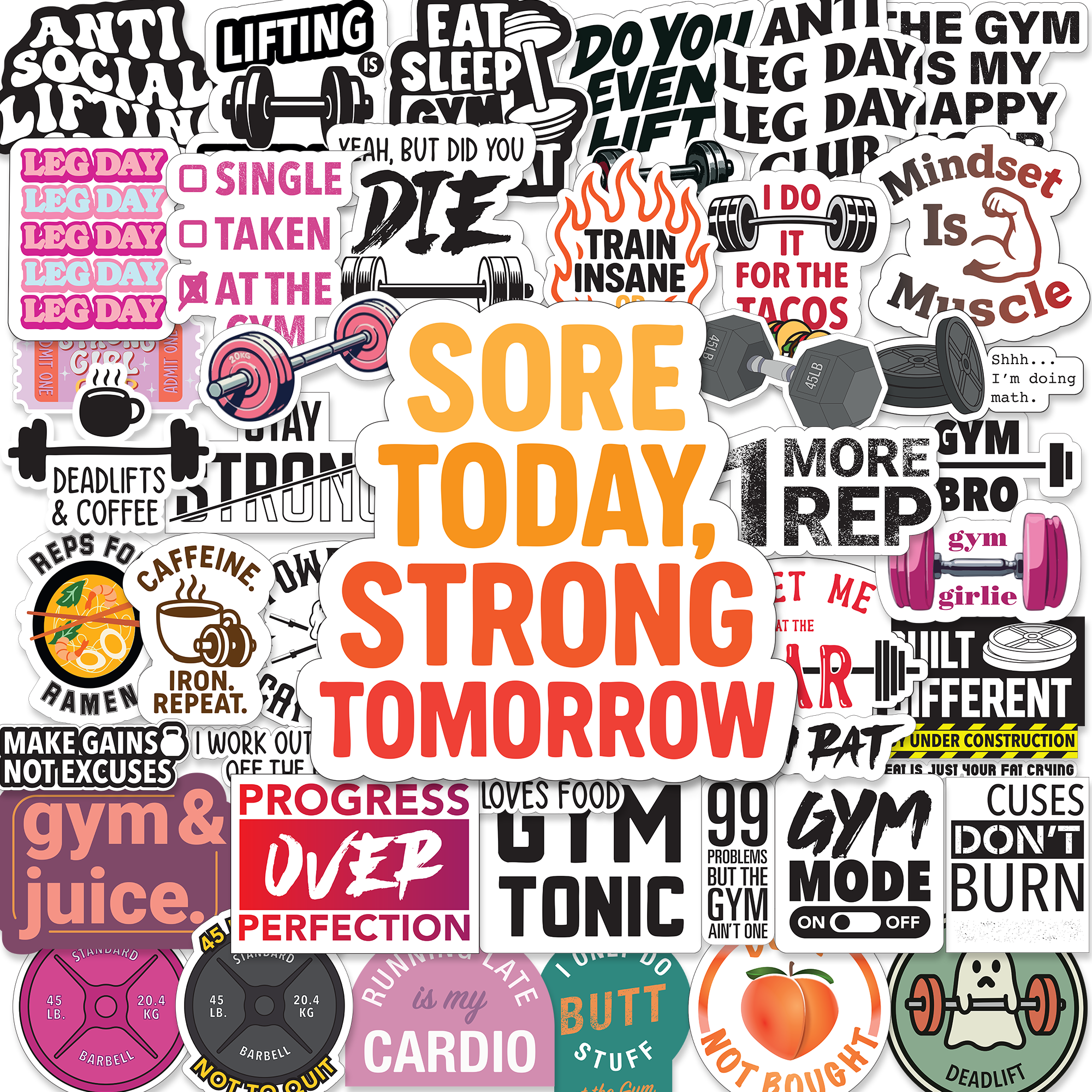 Set of 45 waterproof BLAUBECK gym stickers featuring workout, fitness, and motivational designs on glossy vinyl for water bottles and laptops.
