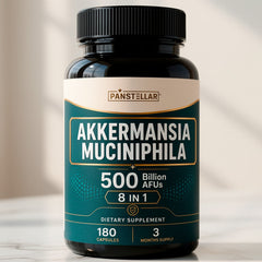 Panstellar Essentials Akkermansia Muciniphila 500B AFU probiotic bottle, showcasing the 8-in-1 gut health formula.