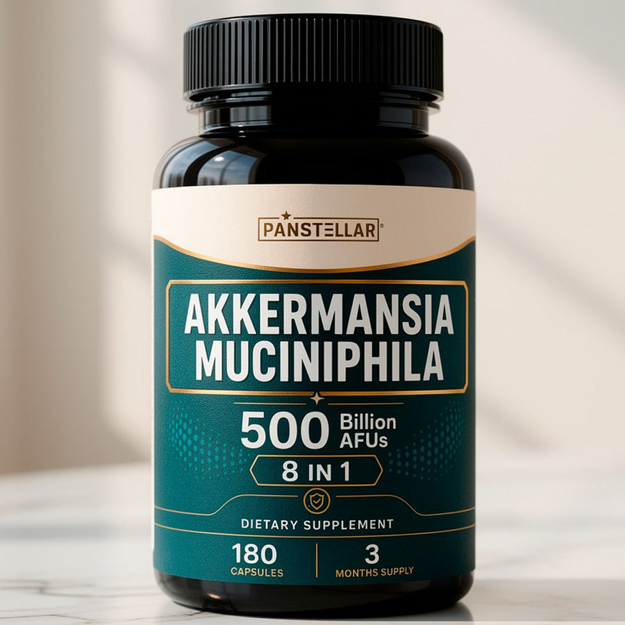 Panstellar Essentials Akkermansia Muciniphila 500B AFU probiotic bottle, showcasing the 8-in-1 gut health formula.