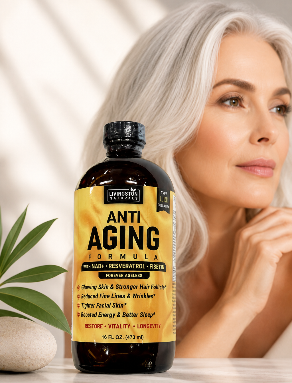 VeggieVerve anti-aging formula with NAD supplement bottle, featuring sleek packaging and product label for youthful skin support.