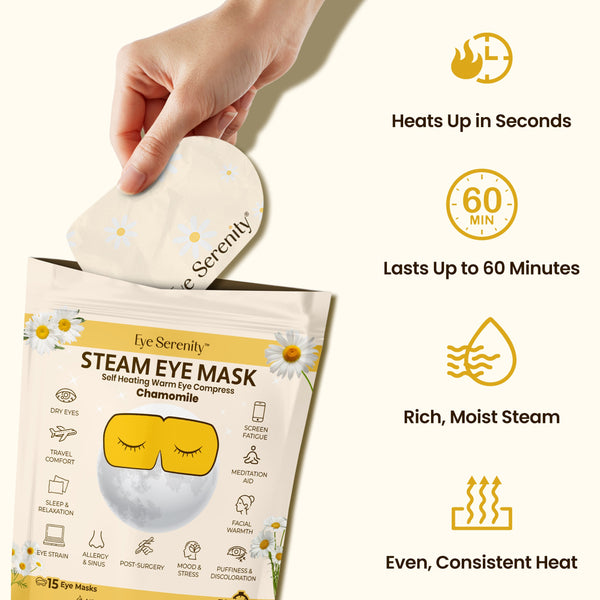 Lure Essentials Eye Serenity Steam Eye Mask with chamomile, relaxing eye care and wellness product for soothing comfort.