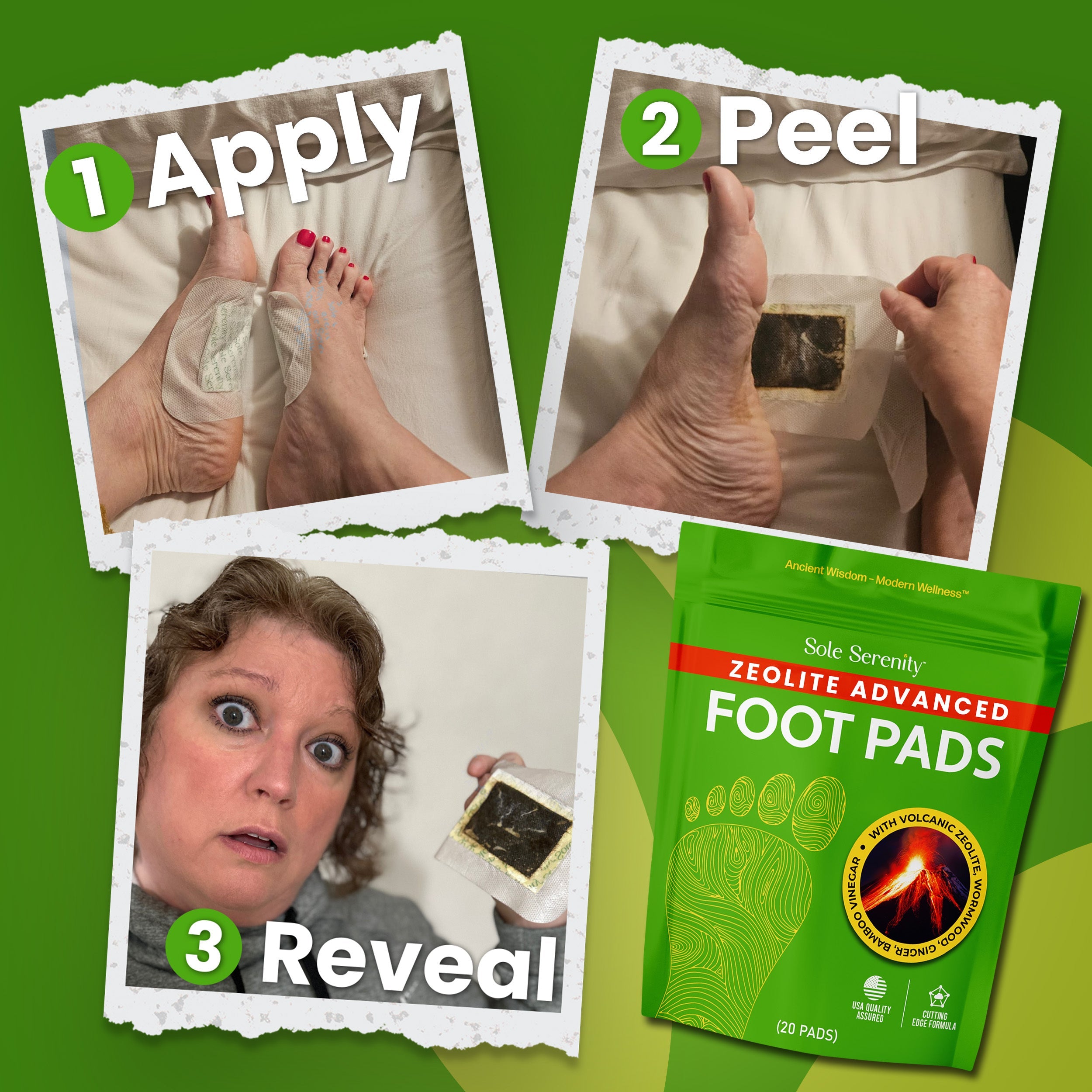 Lure Essentials Advanced Zeolite Detox Foot Pads applied to feet, showing the adhesive patches on the soles for detoxification.