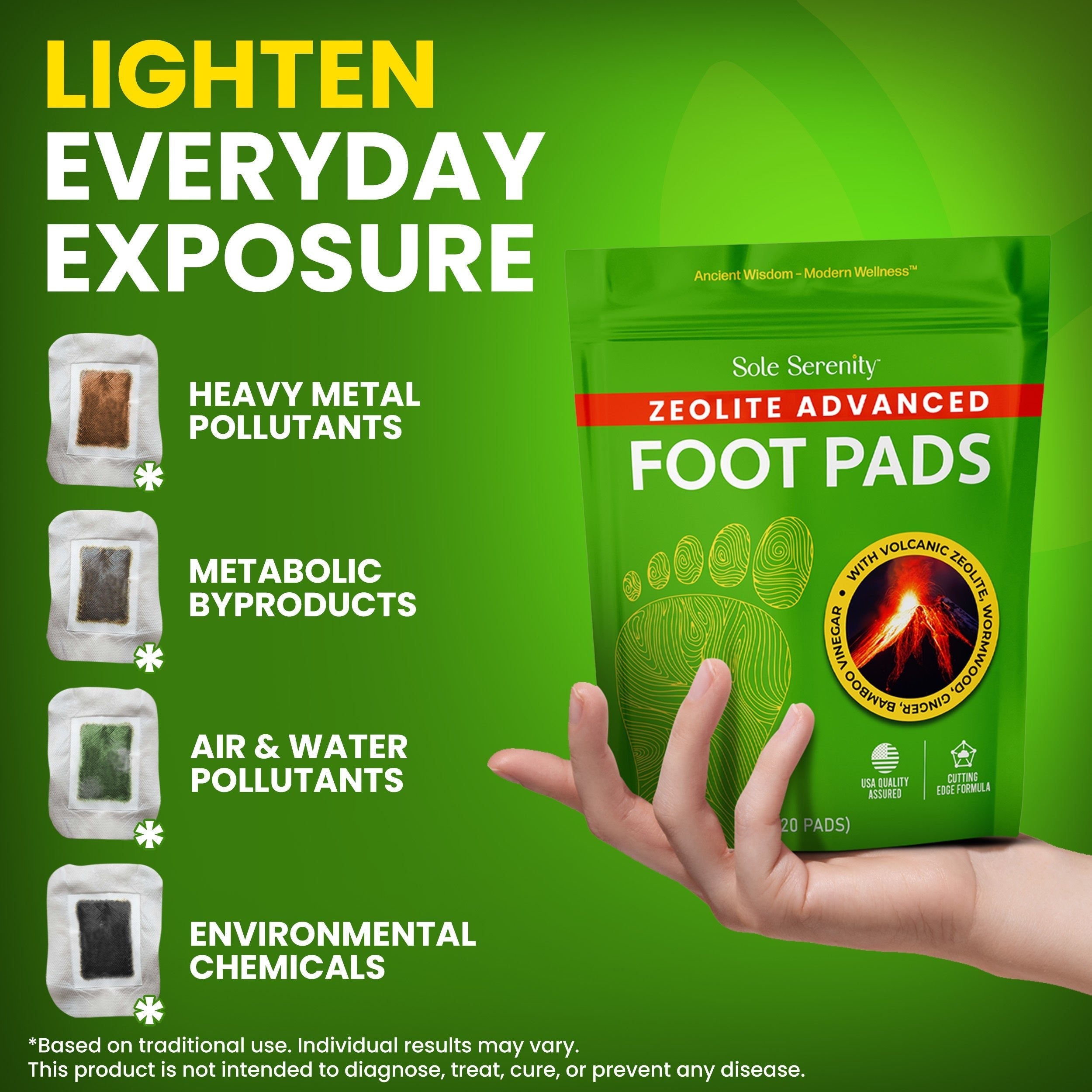 Lure Essentials Advanced Zeolite Detox Foot Pads placed on feet showing the adhesive side and packaging for natural detox.