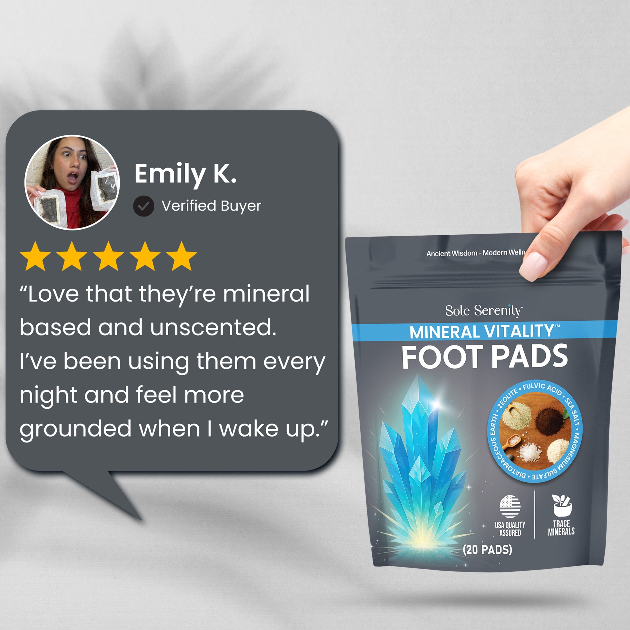 Lure Essentials Mineral Vitality Detox Foot Pads with fulvic acid, sea salt, and magnesium displayed on an artboard.