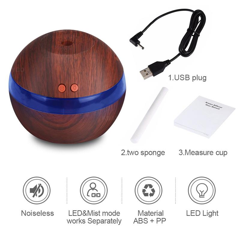 RANOVA USA KBAYBO USB ultrasonic humidifier with 290ml wood grain aroma diffuser and LED light, emitting mist for aromatherapy.