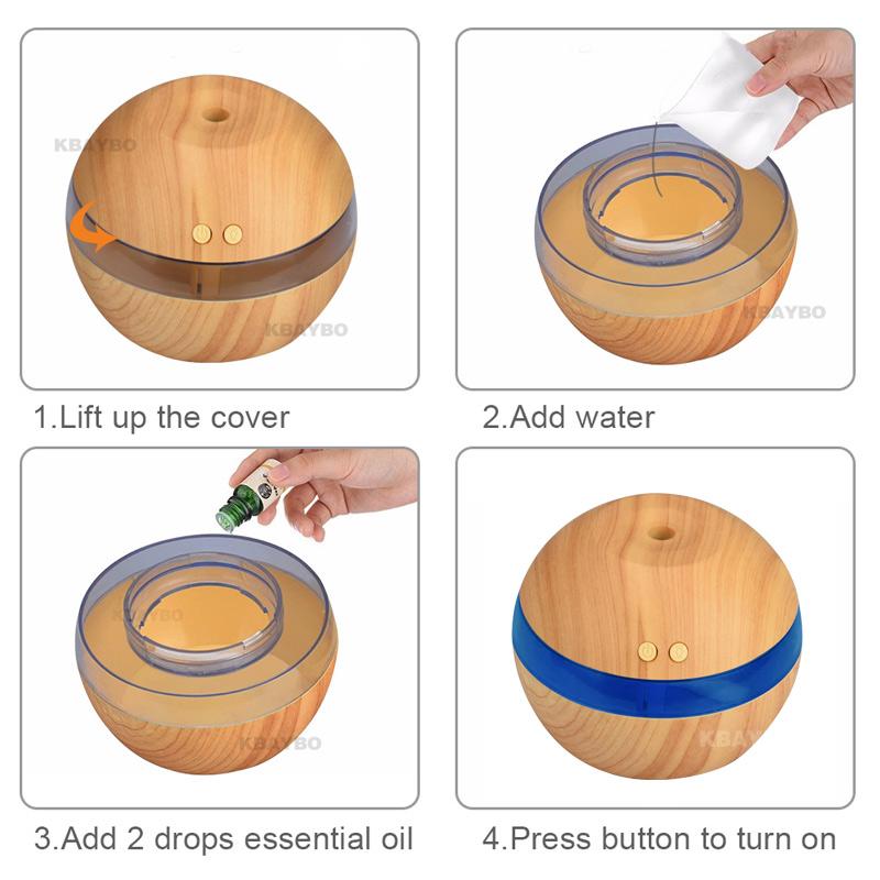 RANOVA USA KBAYBO USB ultrasonic humidifier with 290ml capacity, aroma diffuser, LED light, wood grain finish, for essential oils and mist