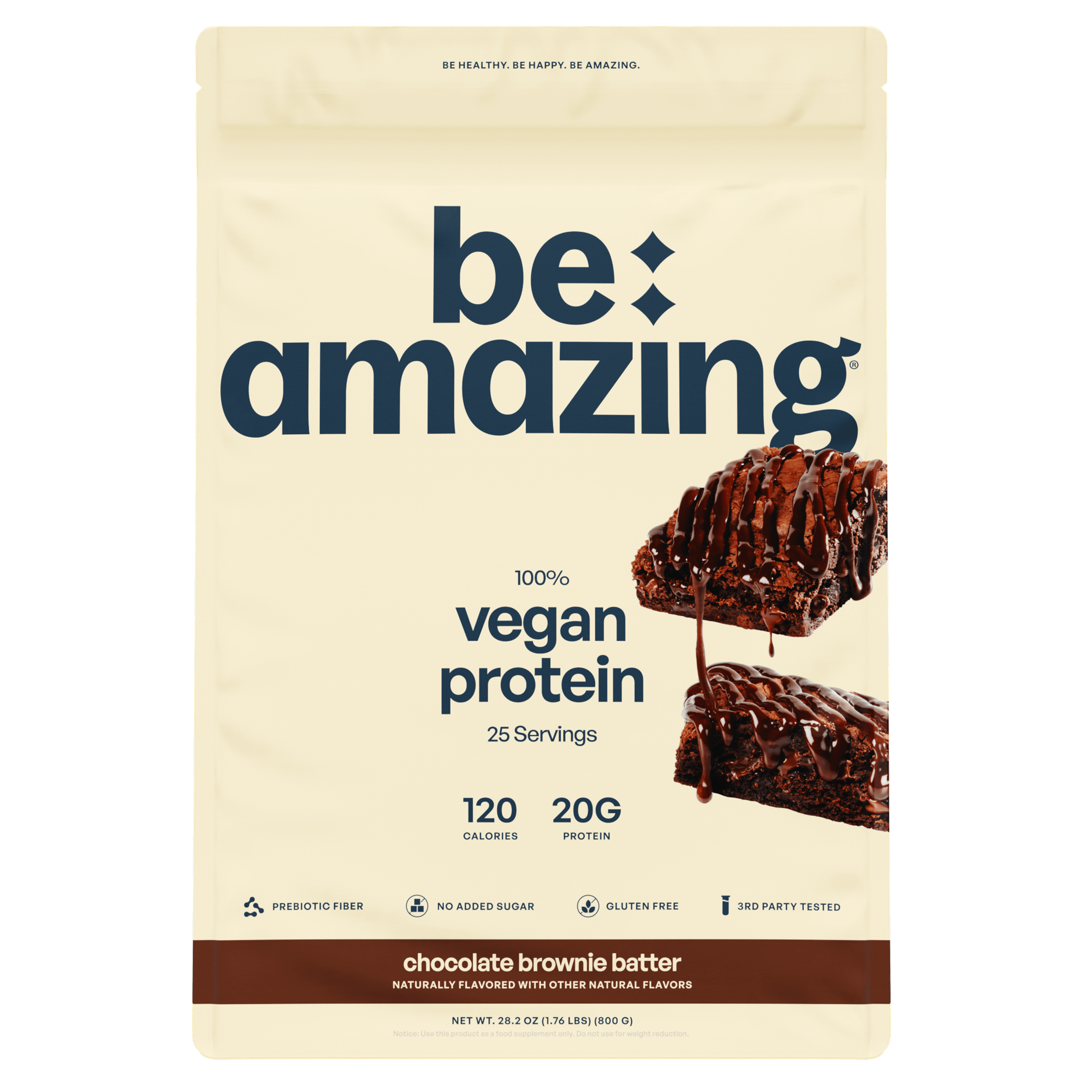 Be Amazing vegan protein powder in chocolate brownie flavor, showing the packaging with a scoop of protein powder.
